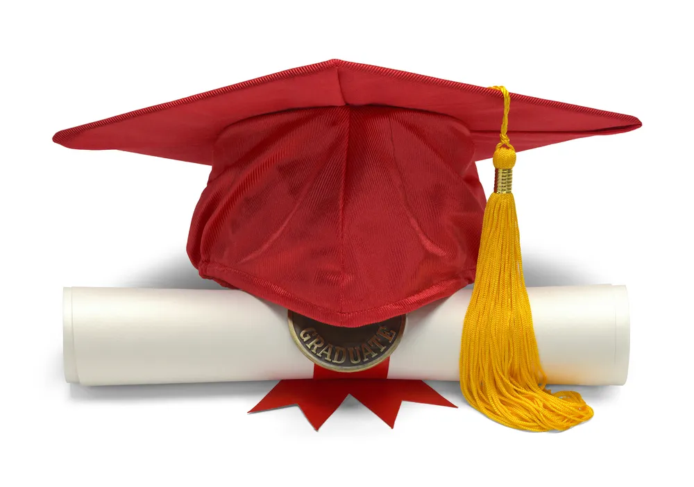Graduation Hat and Diploma Front View Isolated on White Background.